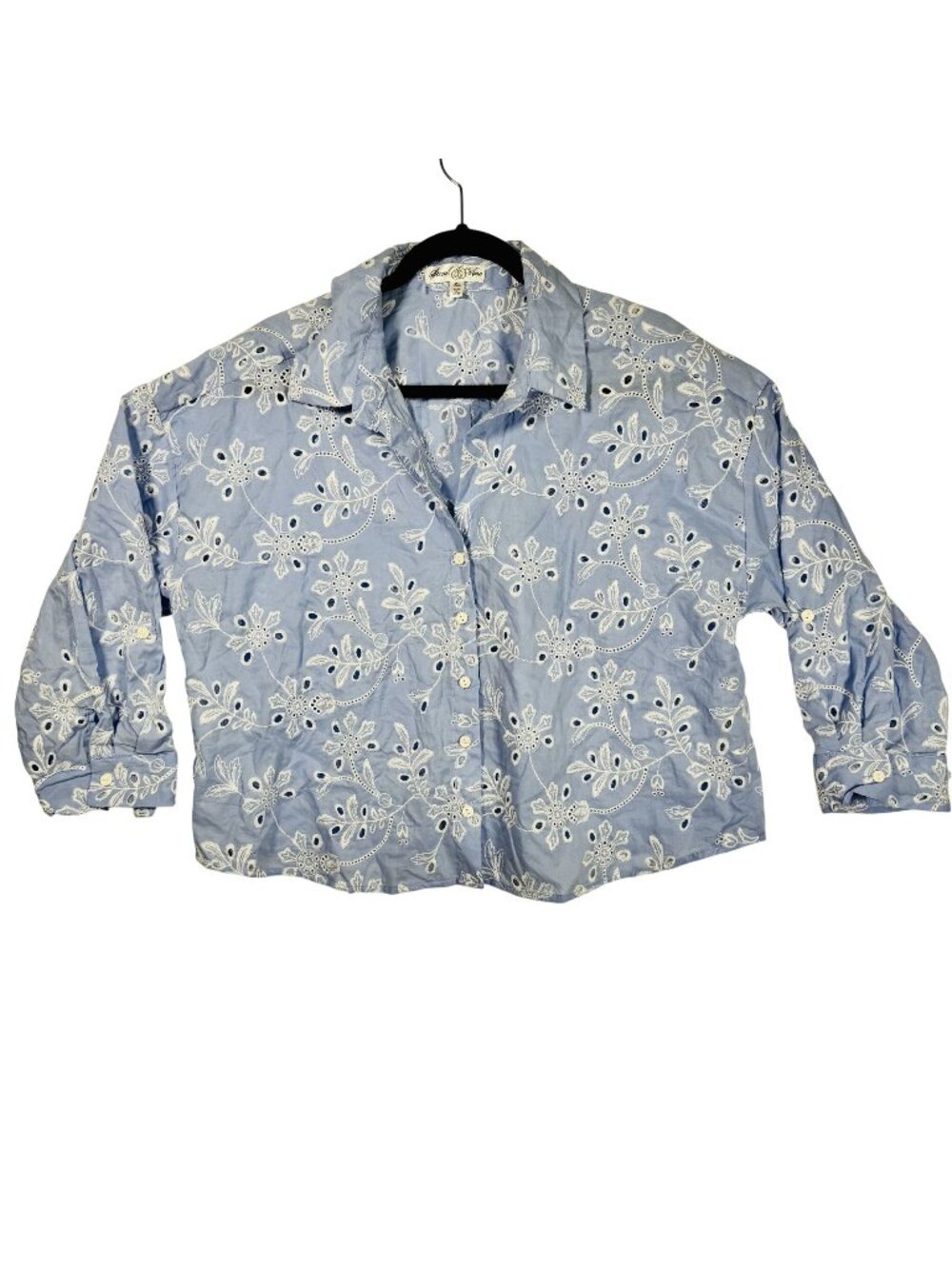 Stem & Vine Womens Blue Floral Eyelet Button-Up Shirt XL
